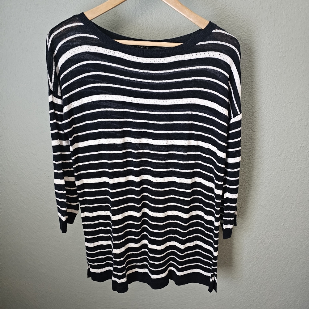 Talbots Linen Blend Lightweight Striped Blue White Perforated Knit Sweater Sz M
